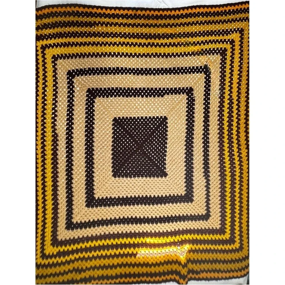 VTG 70s Crochet Afghan Handmade Brown Orange Yellow Band Van Basement Throw